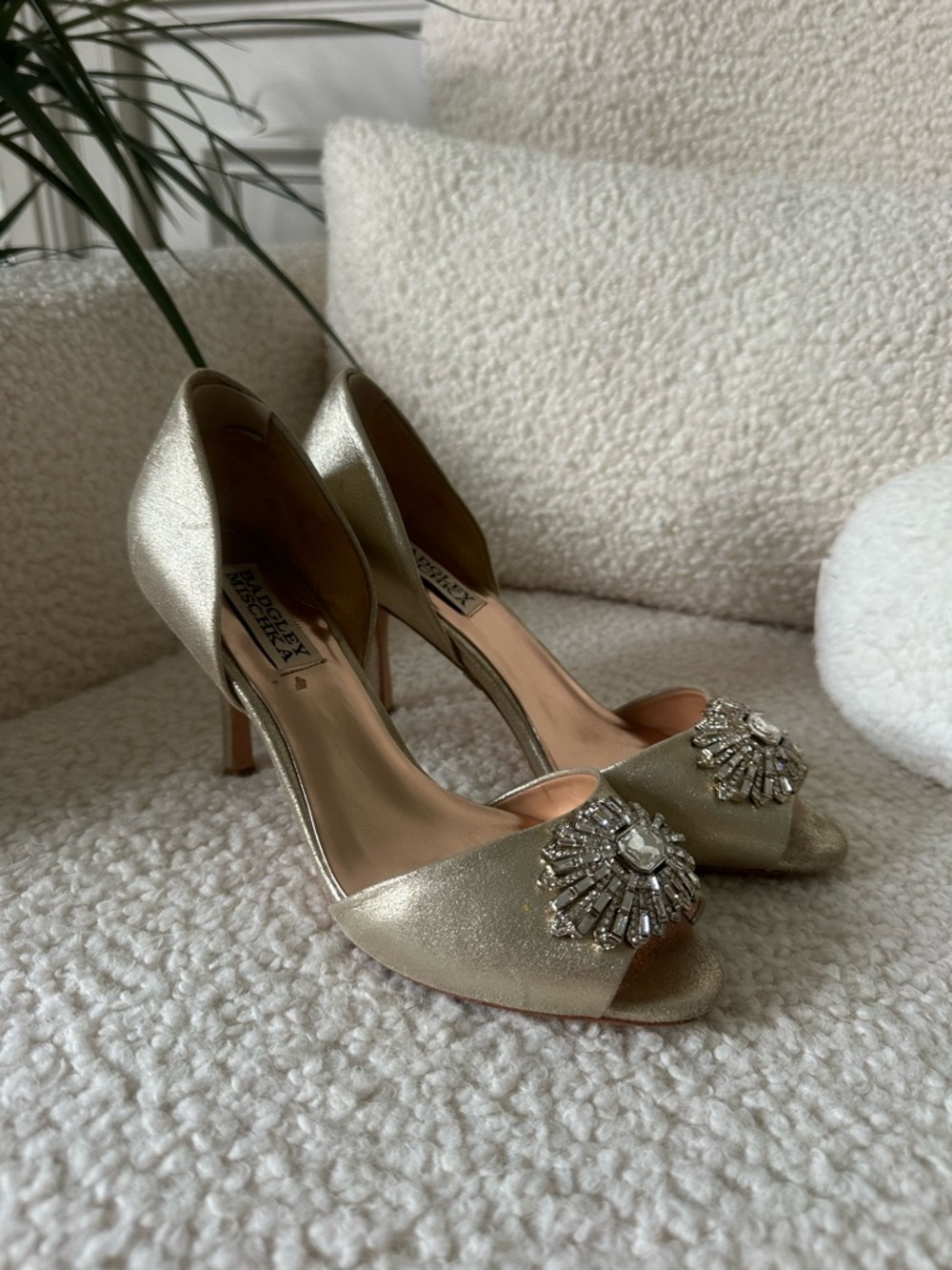 Badgley Mischka Elegant Gold Embellished Peep-Toe Heels, size 6.5